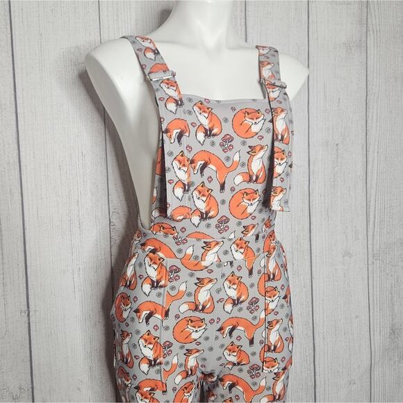 Blackmilk - For Fox Sake, Fleece Lined Gray Overalls w Foxes and Mushrooms, sz S - Picture 3 of 10